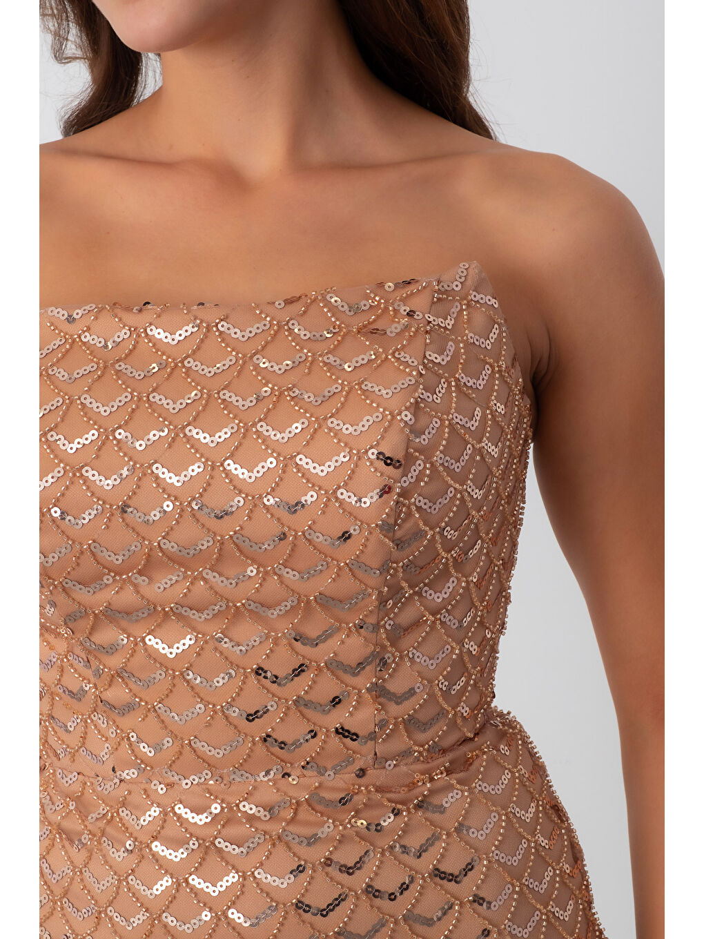 Sarı Kadın Gold Straplez Payetli Kalem Abiye Elbise-3