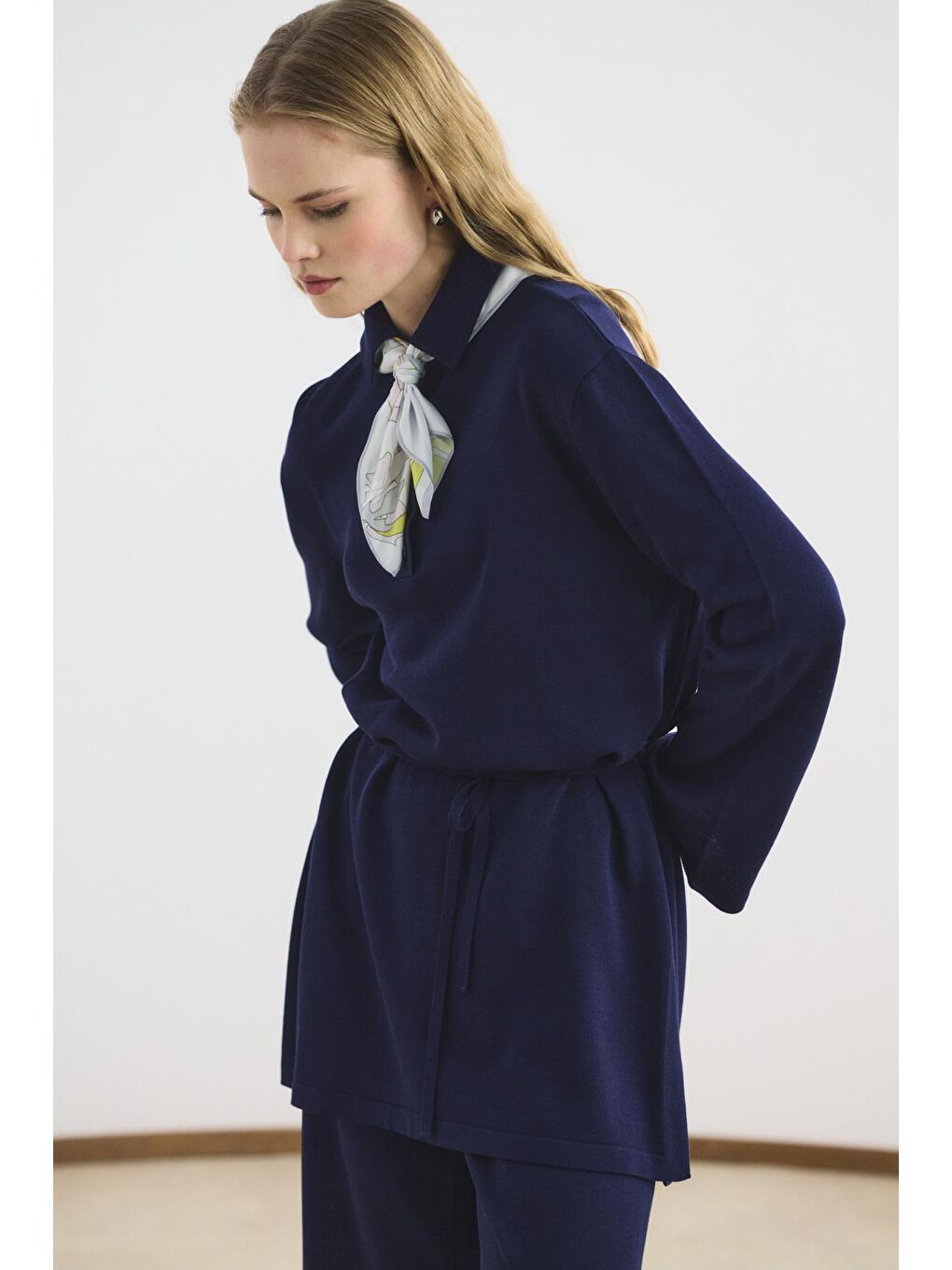 Polo Yaka İnce Triko Tunik Pantolon Takım Lacivert-3