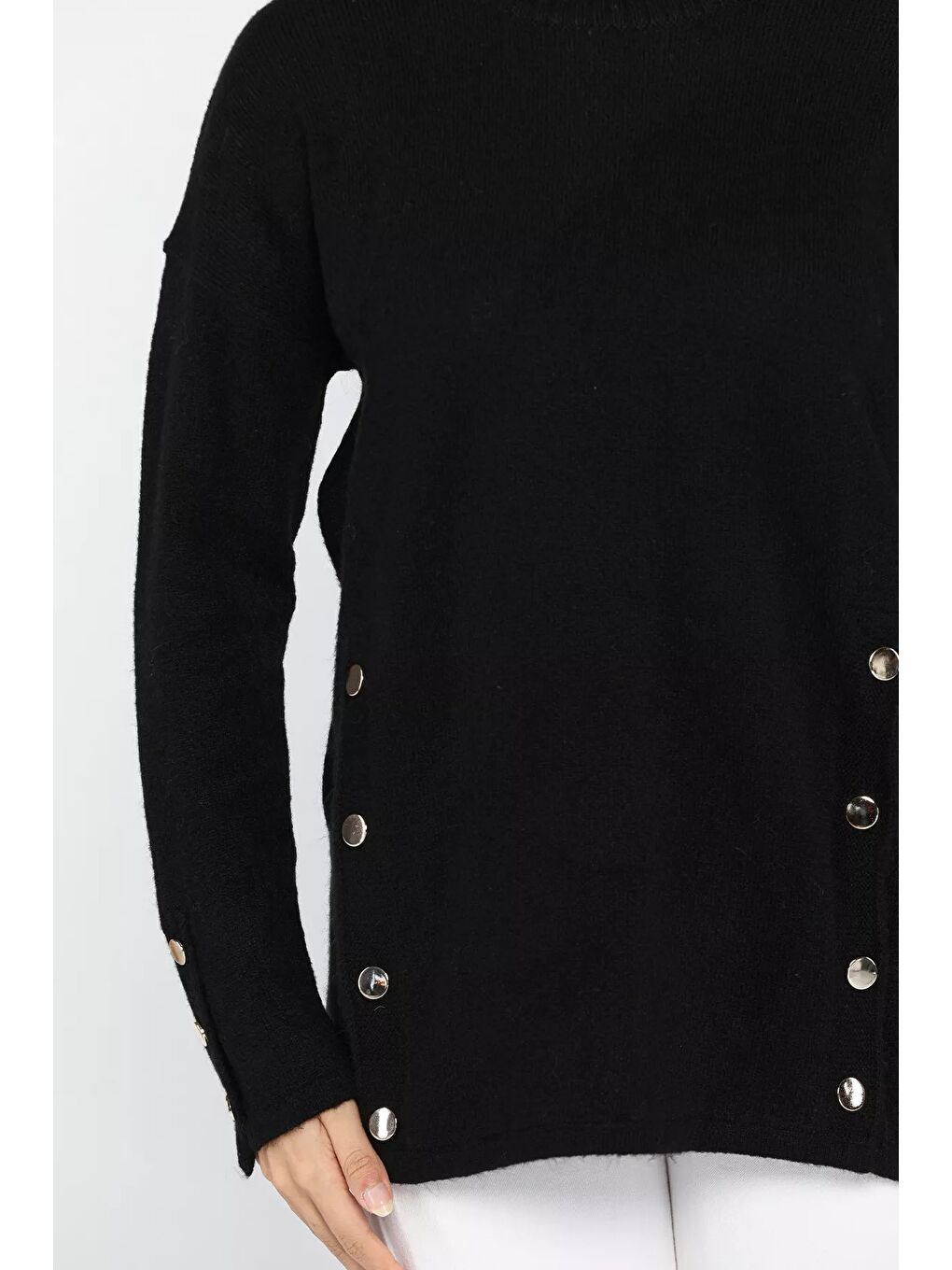 Siyah Kadın Bisiklet Yaka Yan Düğme Detaylı Salaş Triko Kazak-7