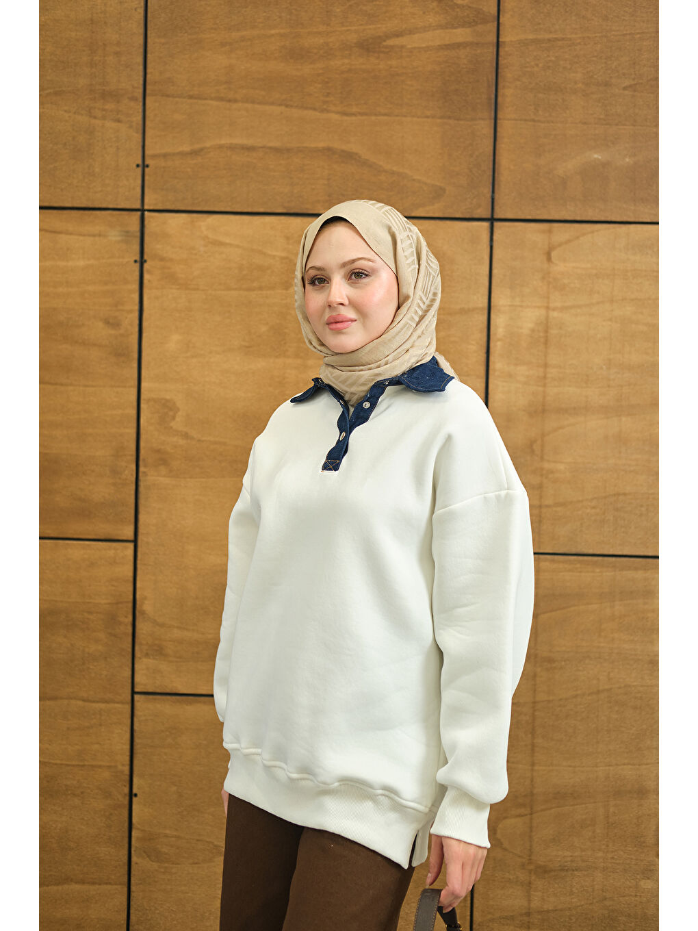 Kadın Yakası Jean Detay Sweat Beyaz-3