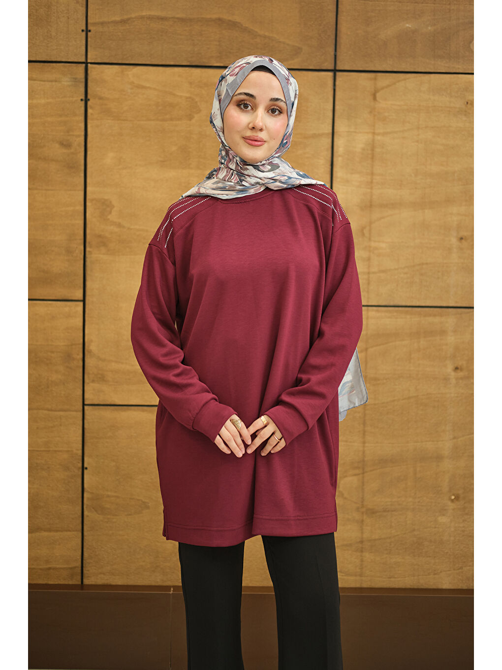 Kadın Bisiklet Yaka Omuz Taş Detay Regular Viskon Tunik Mürdüm-2