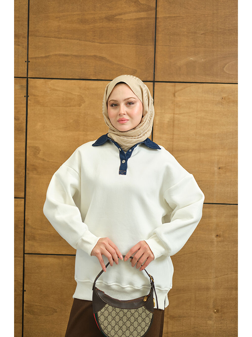 Kadın Yakası Jean Detay Sweat Beyaz-4