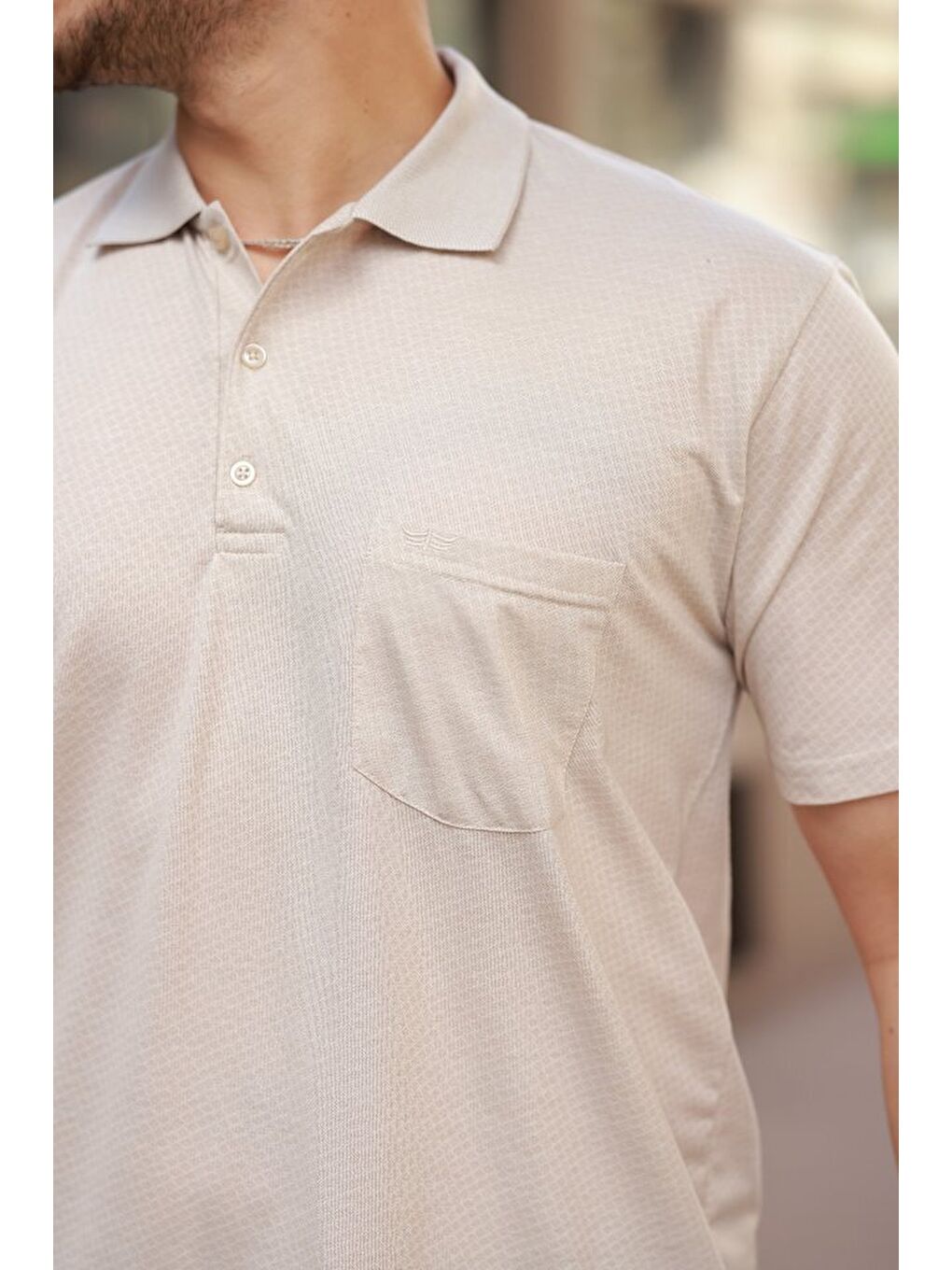 Bej Erkek Yakalı Mini Jakarlı Kısa Kollu T-shirt-2