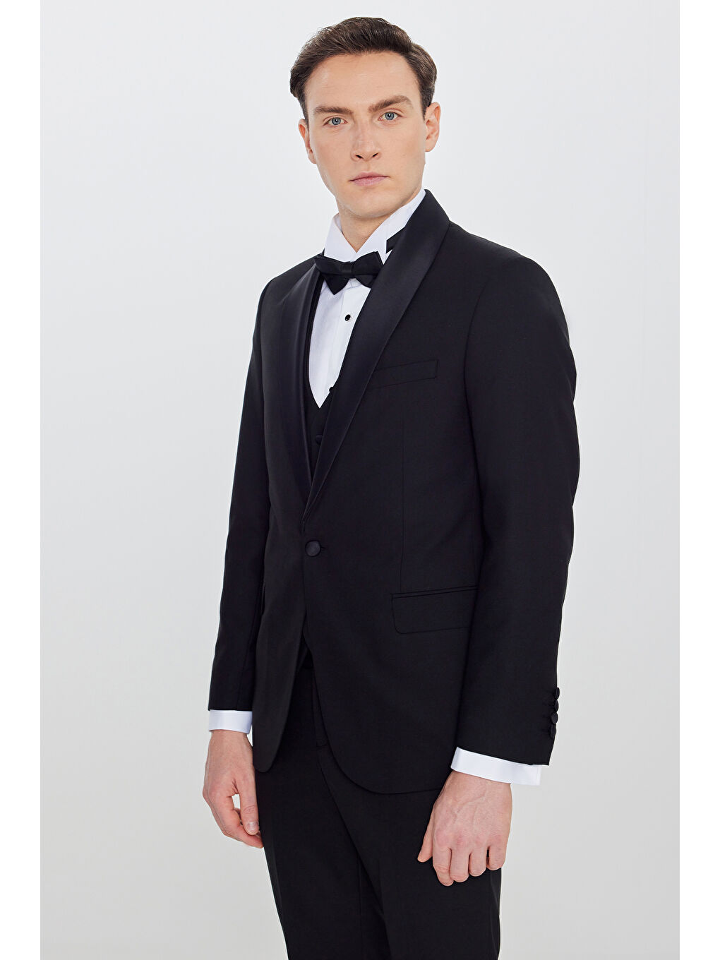 Erkek Siyah Yünlü Slim Fit Dar Kesim Çıkma Şal Yaka Beli Gizli Lastikli Kapak Cepli Yelekli Smokin-1