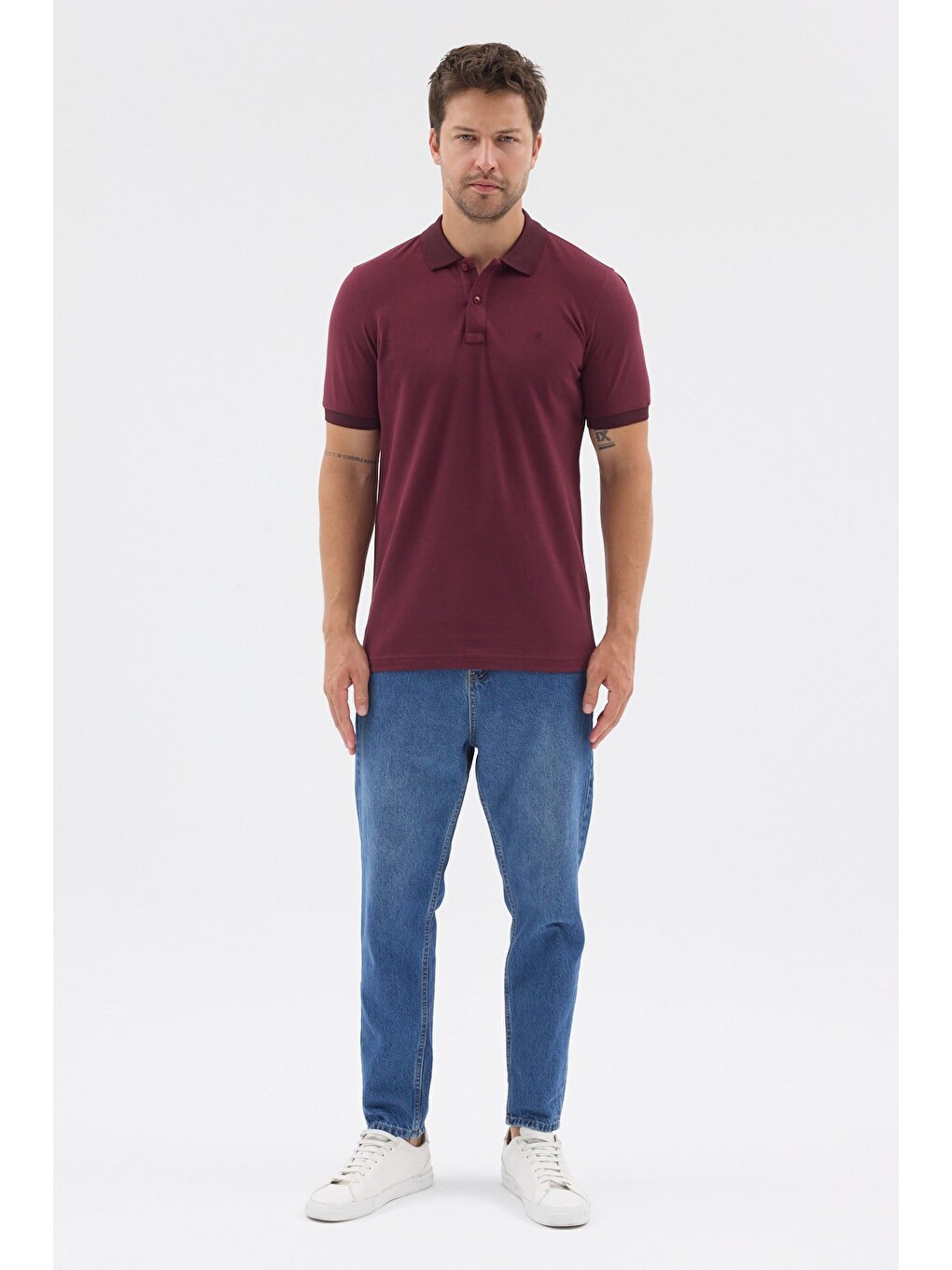 Bordo Polo Yaka Pike Kısa Kol Slim Fit %100 Pamuk Tişört 1011260171-1