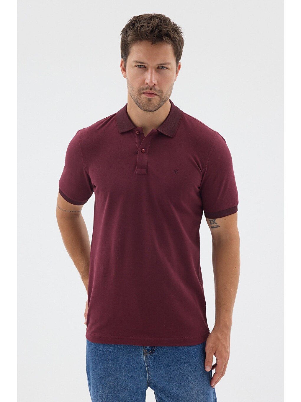 Bordo Polo Yaka Pike Kısa Kol Slim Fit %100 Pamuk Tişört 1011260171-2