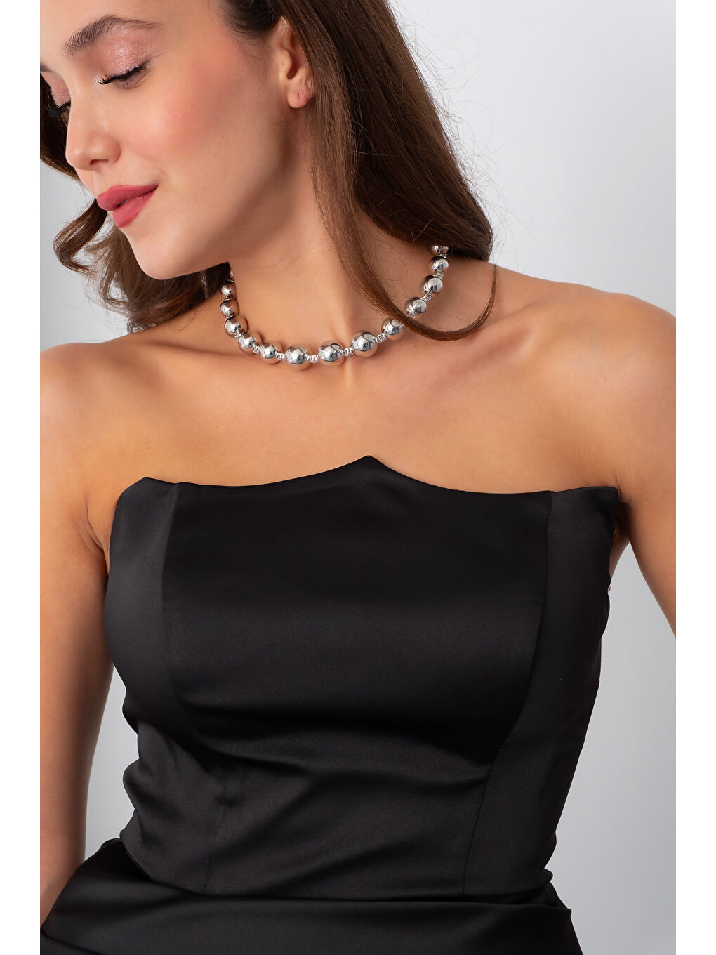 Kadın Siyah Straplez Uzun Saten Söz Nişan Abiye Elbise-3