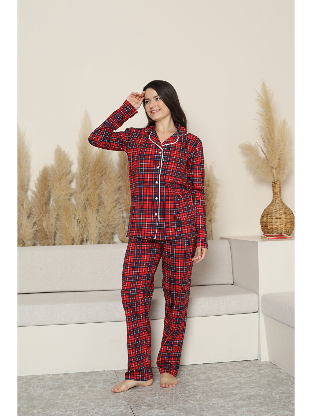 Bordo Kadın Pijama Takımı-Ekose Desenli - Pat Yakalı-Düğmeli 12284-1