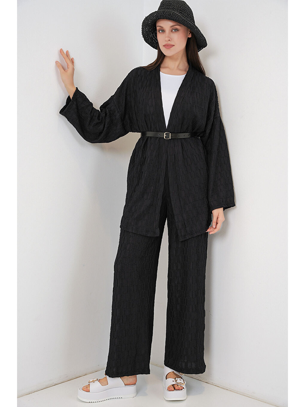 Kadın Kimono Pantolon İkili Takım 30078 - Siyah-2