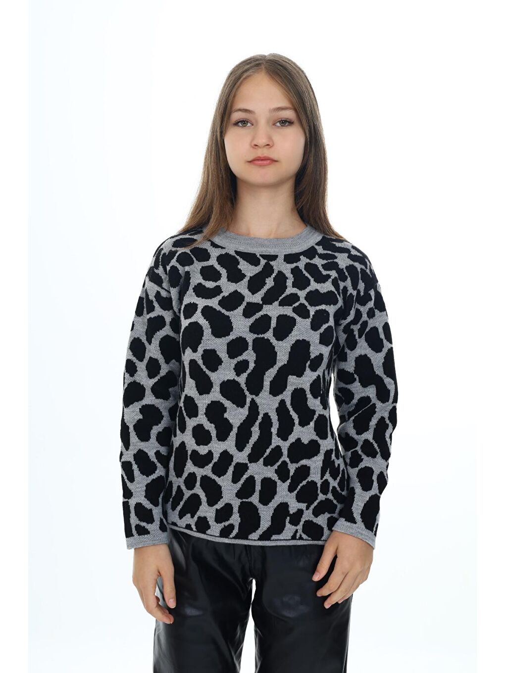 Gri Kız Çocuk Leopar Desenli Triko Kazak 6-14 Yaş wap3005-1