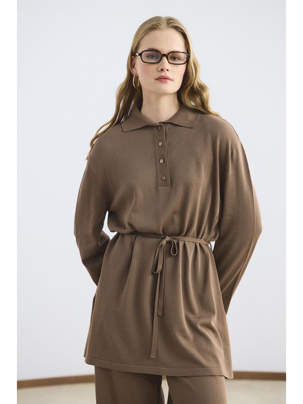 Kahverengi Polo Yaka İnce Triko Tunik Pantolon Takım Toprak-1