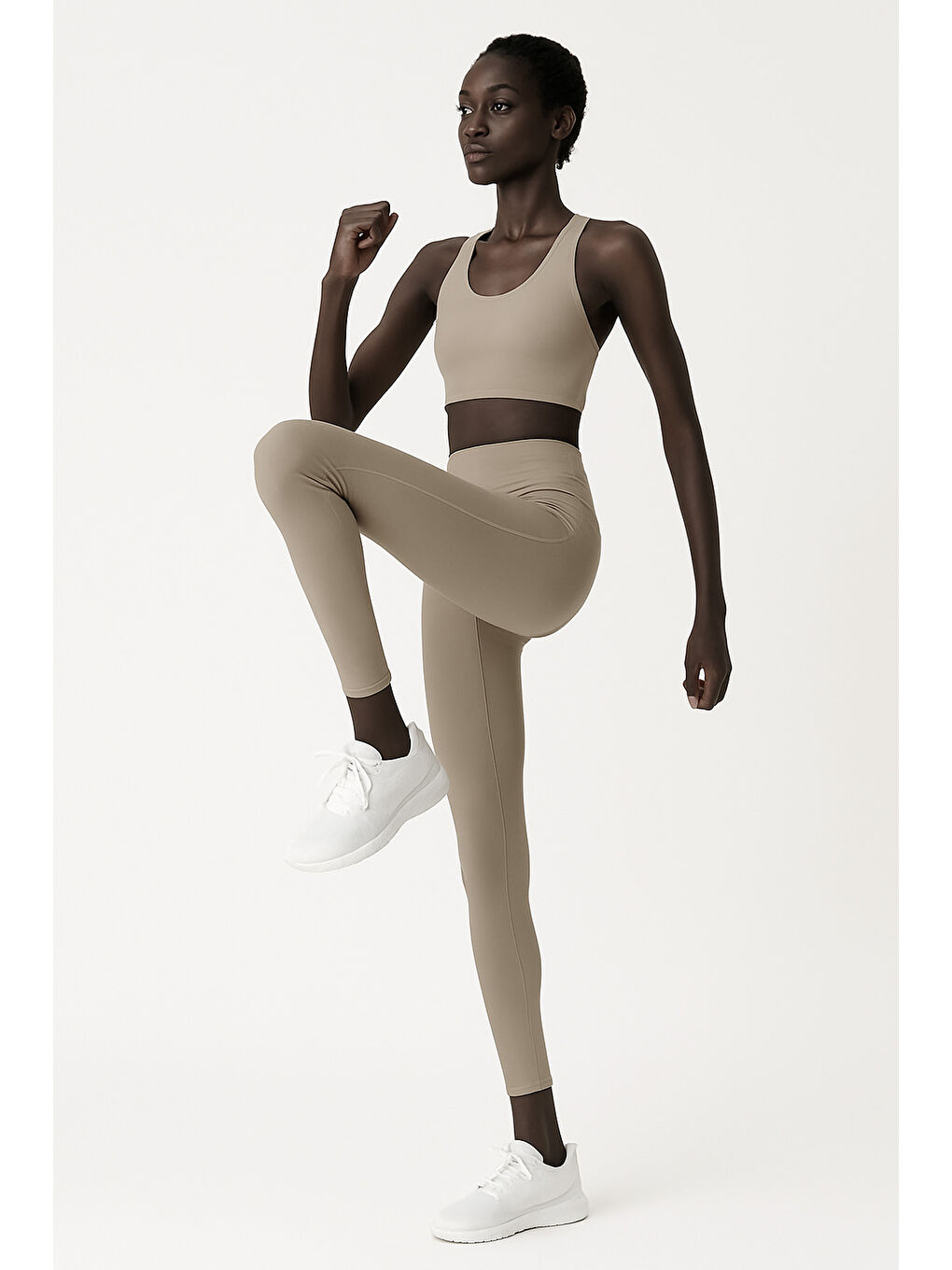 Bej Kadın Yüksek Bel Toparlayıcı Tam Boy Spor Tayt-3