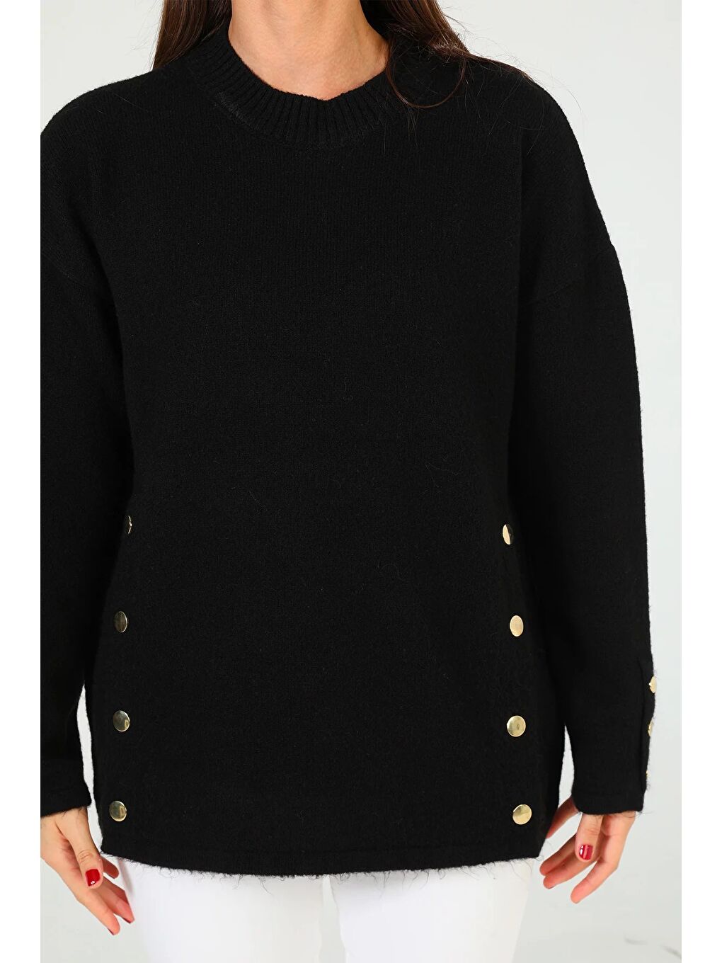 Siyah Kadın Bisiklet Yaka Yan Düğme Detaylı Salaş Triko Kazak-9