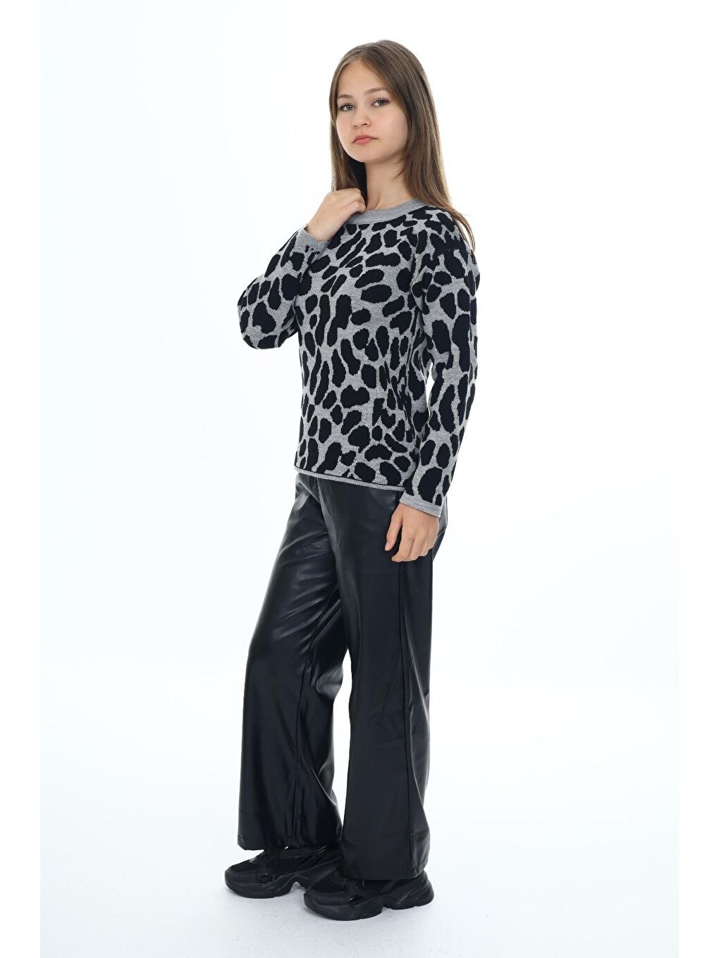 Gri Kız Çocuk Leopar Desenli Triko Kazak 6-14 Yaş wap3005-3