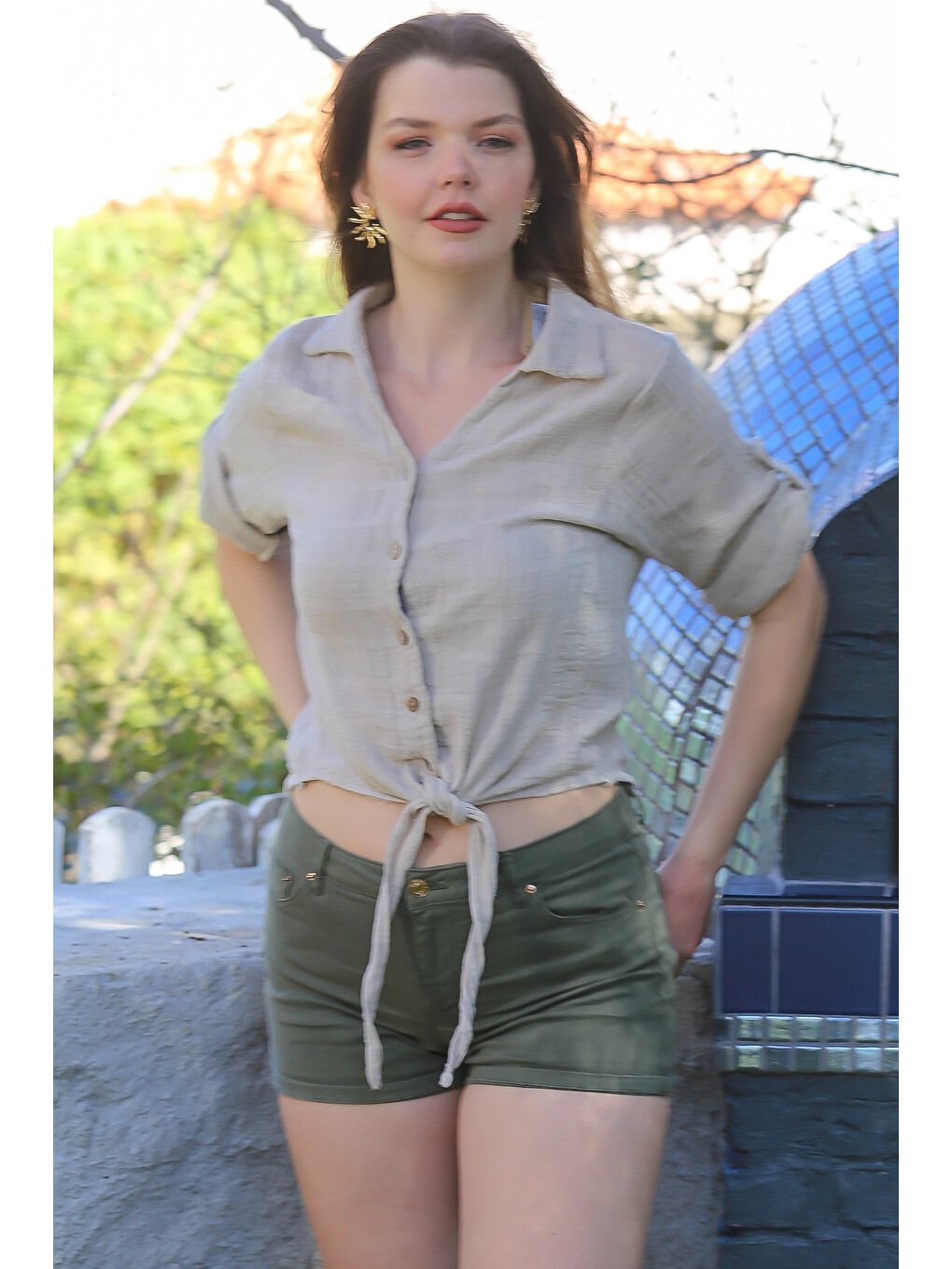 Bej Gömlek Yaka Düğmeli Uzun Kollu Bağlamalı Yıkamalı Casual Dokuma Gömlek 58 51-1