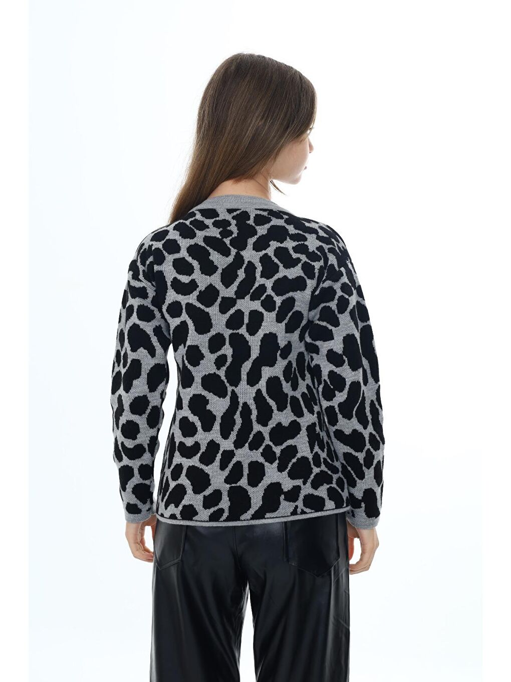 Gri Kız Çocuk Leopar Desenli Triko Kazak 6-14 Yaş wap3005-4