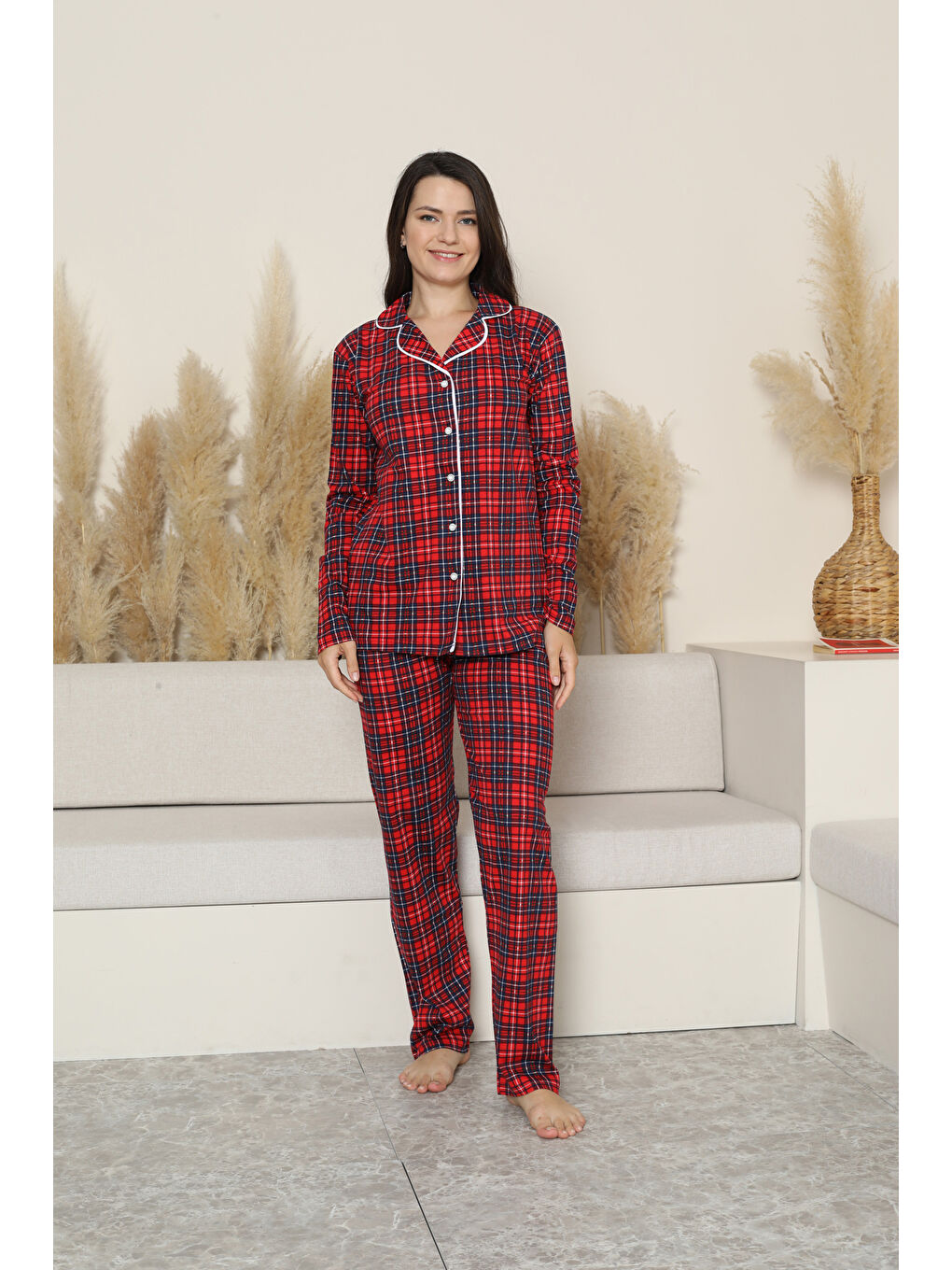 Bordo Kadın Pijama Takımı-Ekose Desenli - Pat Yakalı-Düğmeli 12284-3