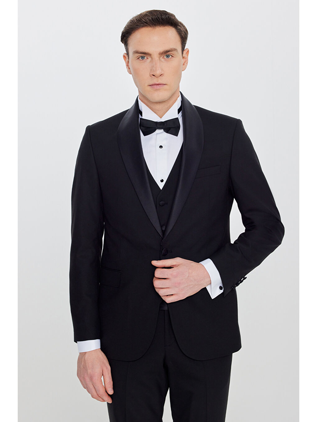 Erkek Siyah Yünlü Slim Fit Dar Kesim Çıkma Şal Yaka Beli Gizli Lastikli Kapak Cepli Yelekli Smokin-2