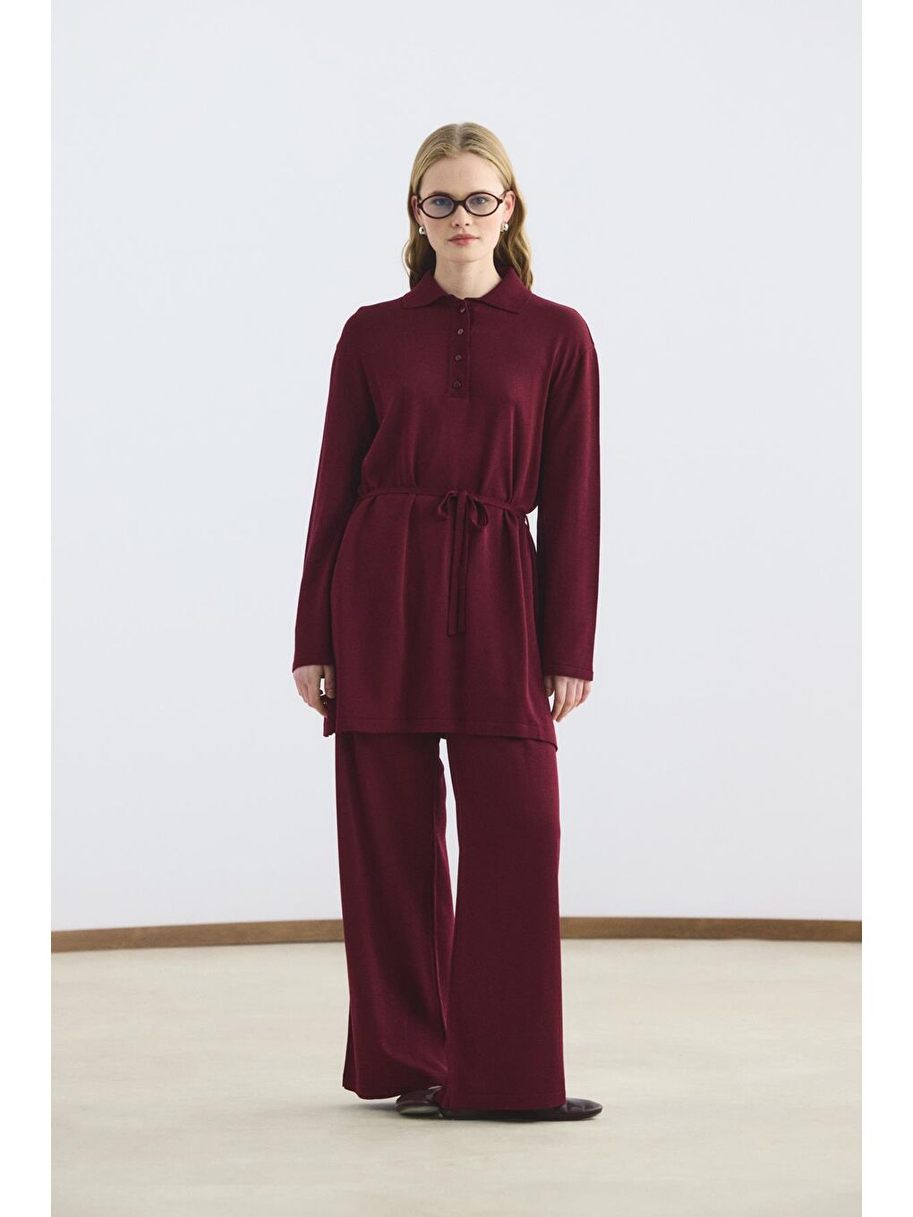 Polo Yaka İnce Triko Tunik Pantolon Takım Bordo