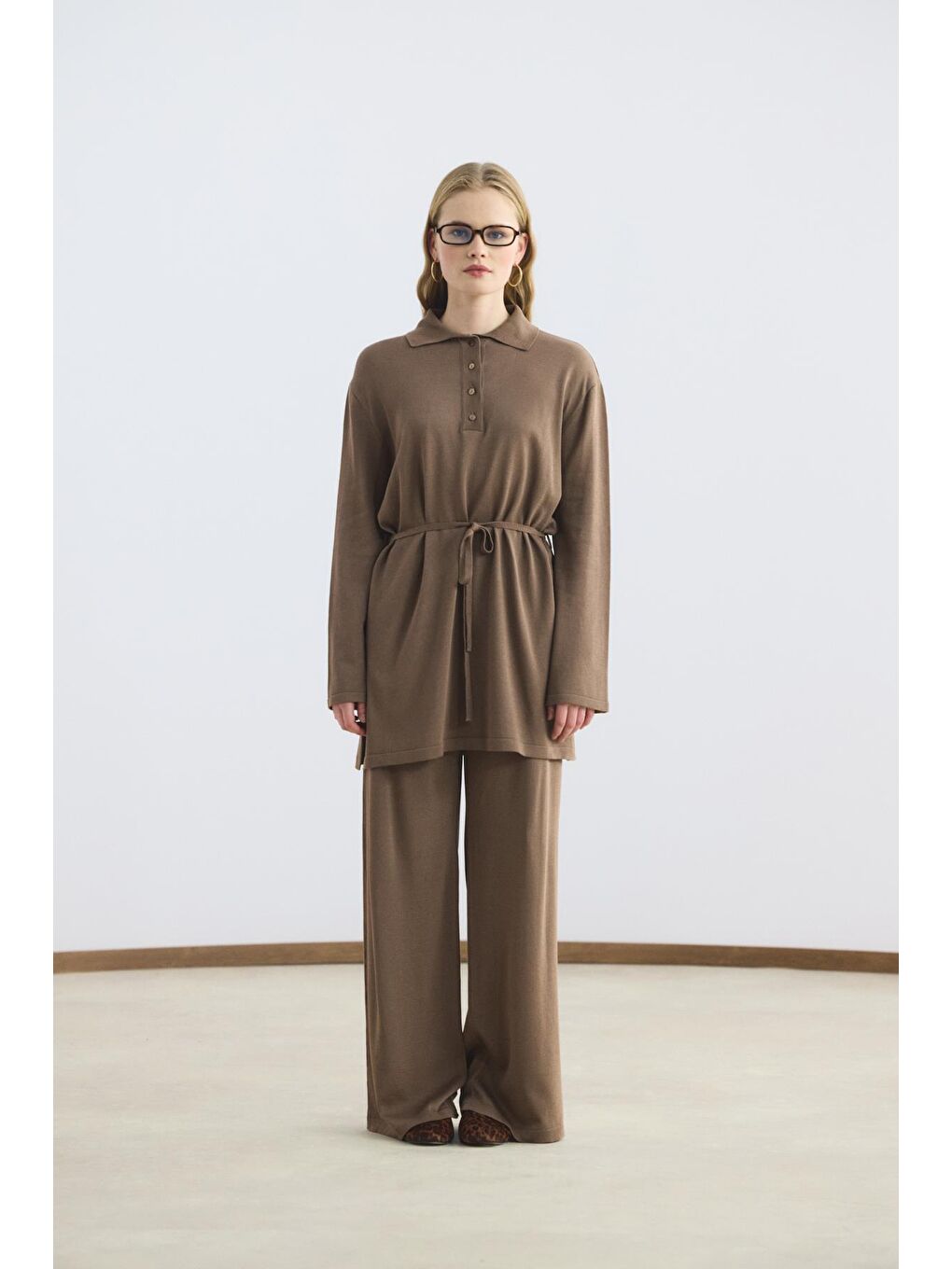 Kahverengi Polo Yaka İnce Triko Tunik Pantolon Takım Toprak-2