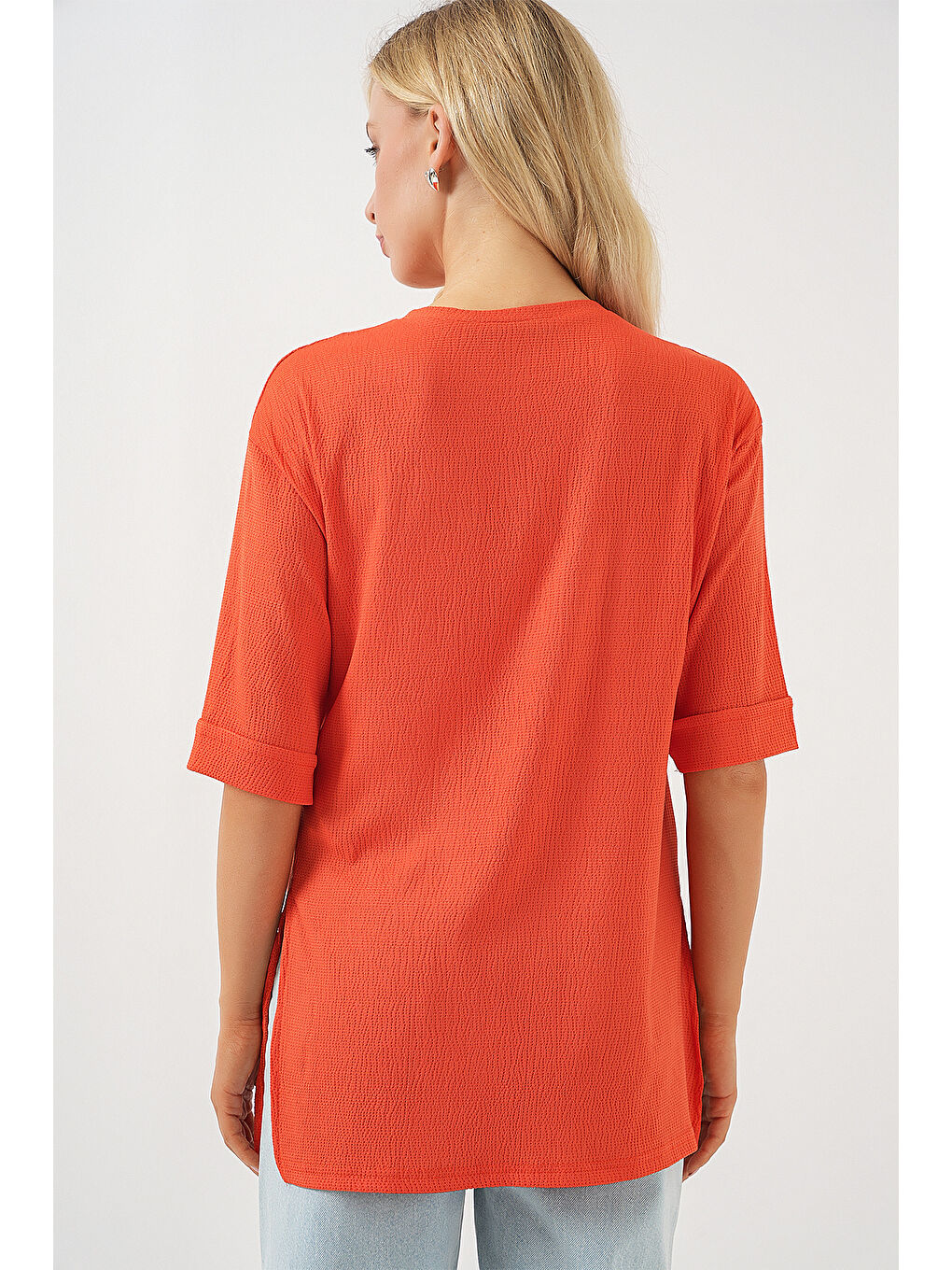 4332 Yanı Yırtmaçlı Örme Tişört - Turuncu-5