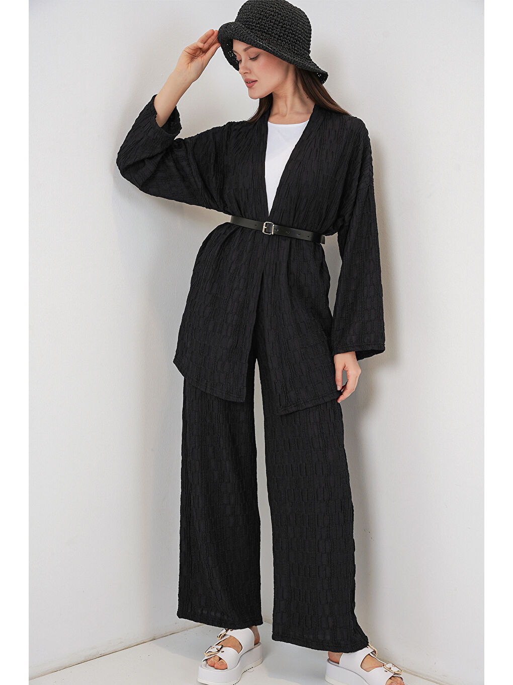 Kadın Kimono Pantolon İkili Takım 30078 - Siyah-4