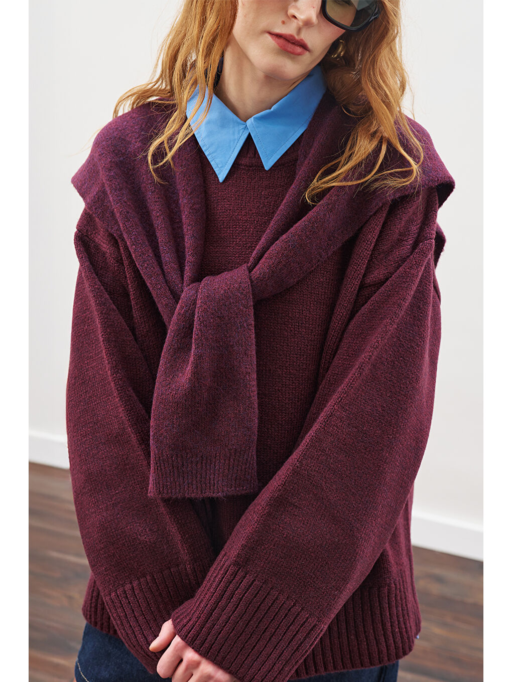 Kare Yaka Bağlamalı Triko Atkı Bordo-2