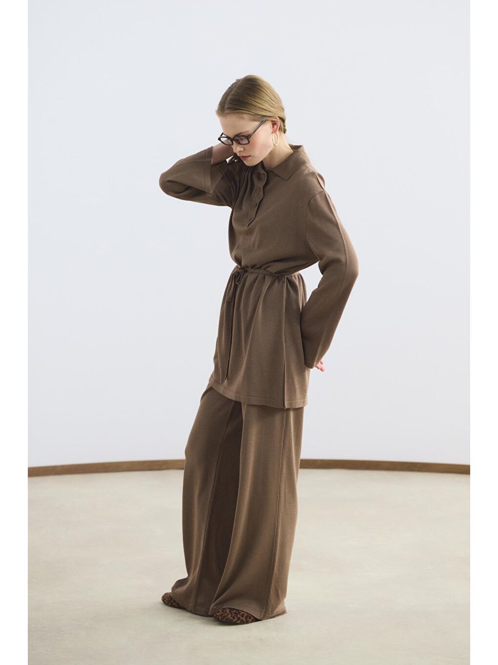 Kahverengi Polo Yaka İnce Triko Tunik Pantolon Takım Toprak-3