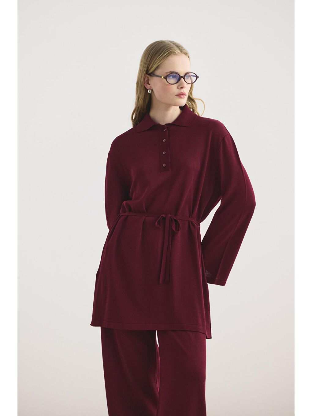 Polo Yaka İnce Triko Tunik Pantolon Takım Bordo-1