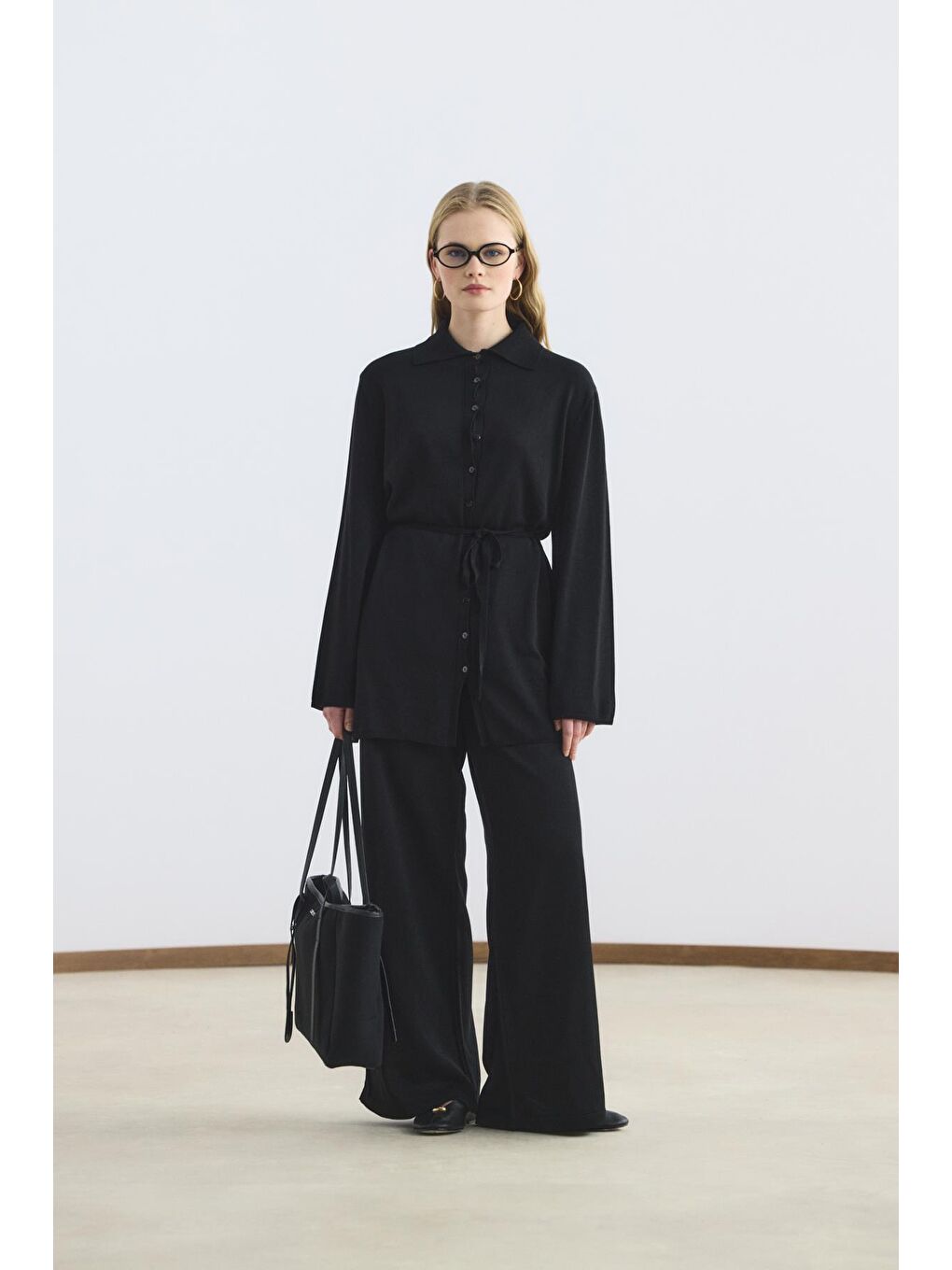 Polo Yaka İnce Triko Tunik Pantolon Takım Siyah