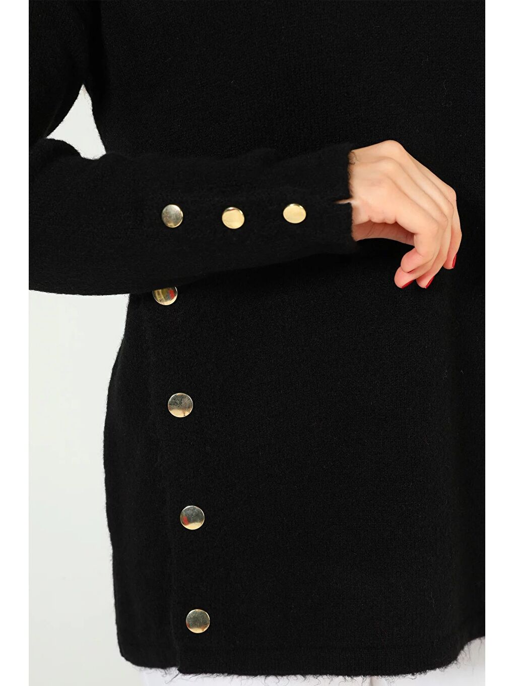 Siyah Kadın Bisiklet Yaka Yan Düğme Detaylı Salaş Triko Kazak-10