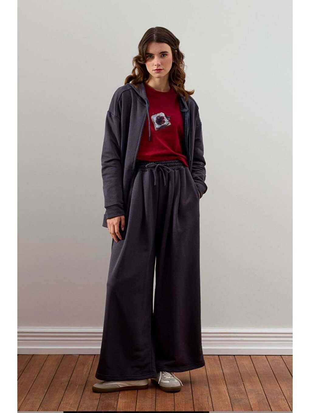 Antrasit 3 İplik Uzun Fermuarlı Eşofman Takım-1