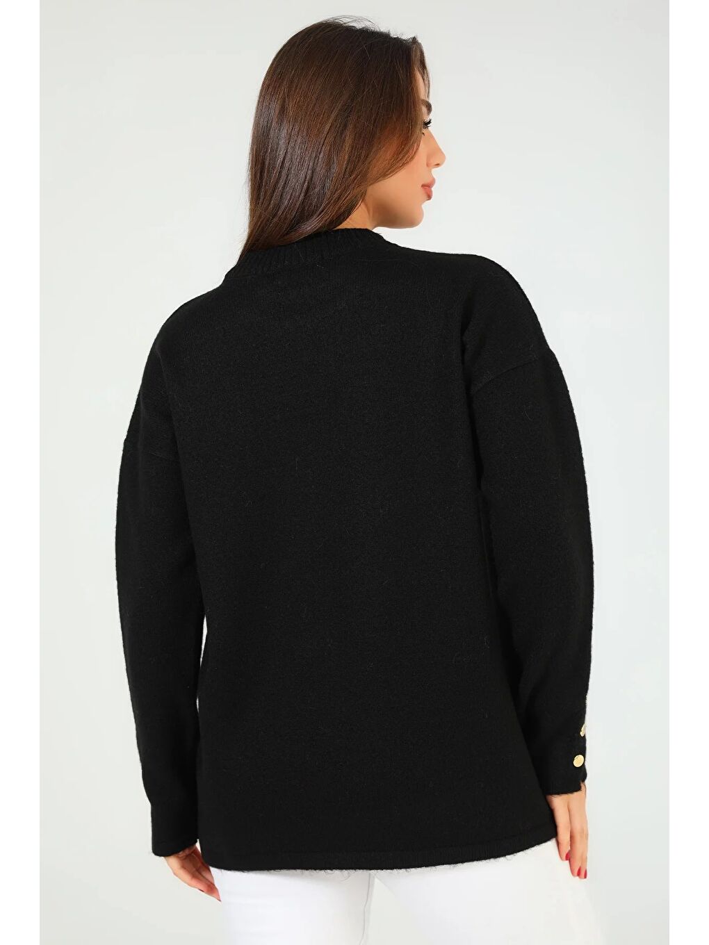 Siyah Kadın Bisiklet Yaka Yan Düğme Detaylı Salaş Triko Kazak-11