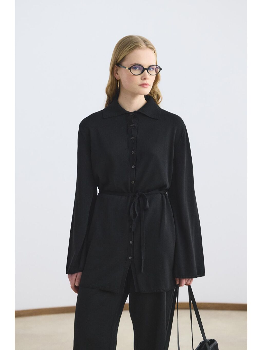 Polo Yaka İnce Triko Tunik Pantolon Takım Siyah-1