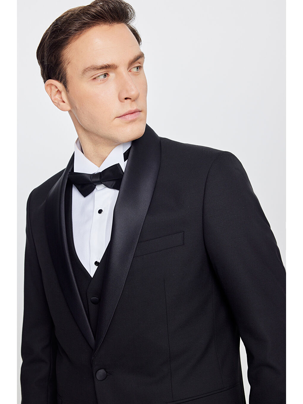 Erkek Siyah Yünlü Slim Fit Dar Kesim Çıkma Şal Yaka Beli Gizli Lastikli Kapak Cepli Yelekli Smokin-3