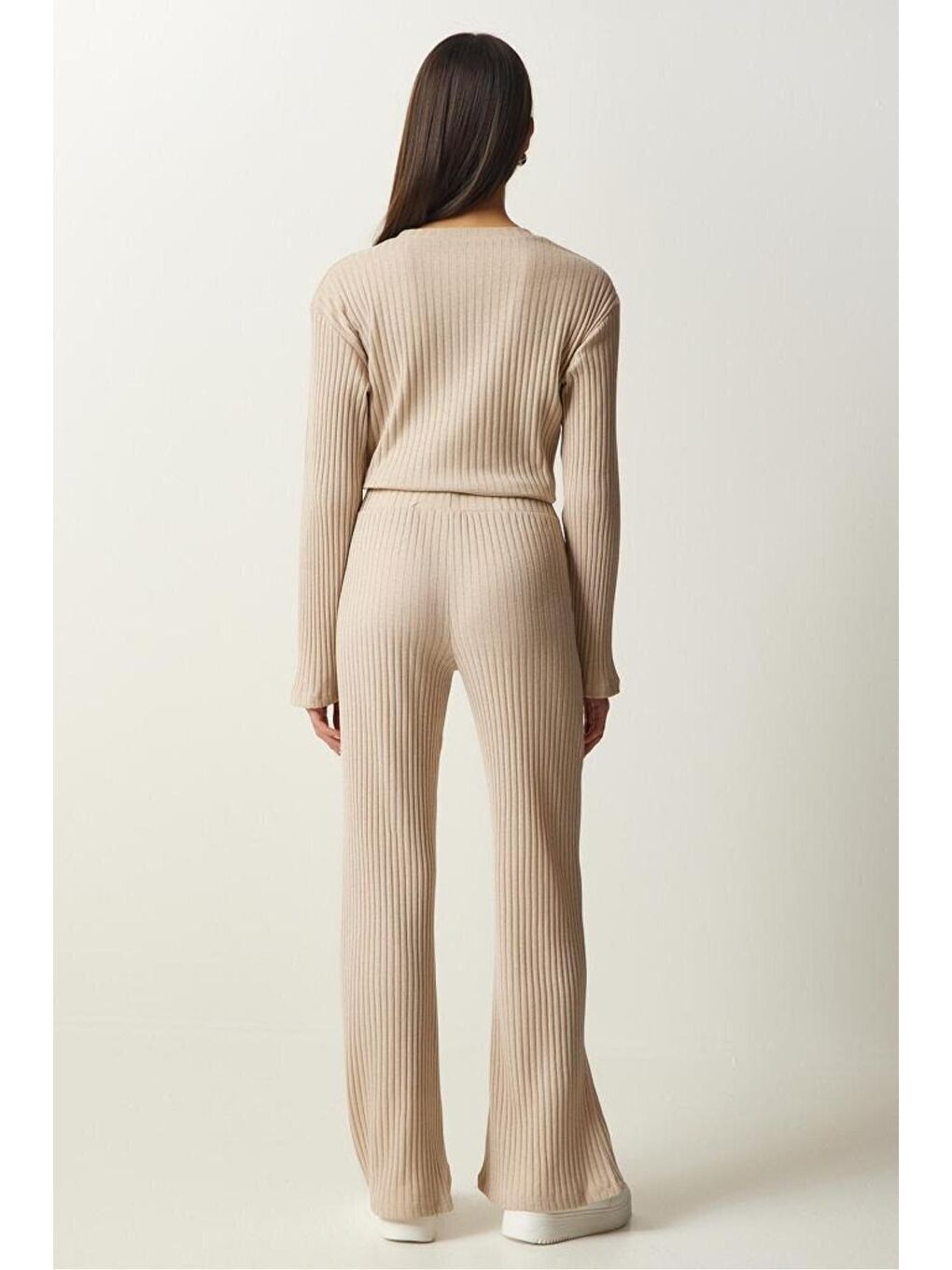 Kadın Bej Fitilli Örme Bluz Pantolon Takım-7