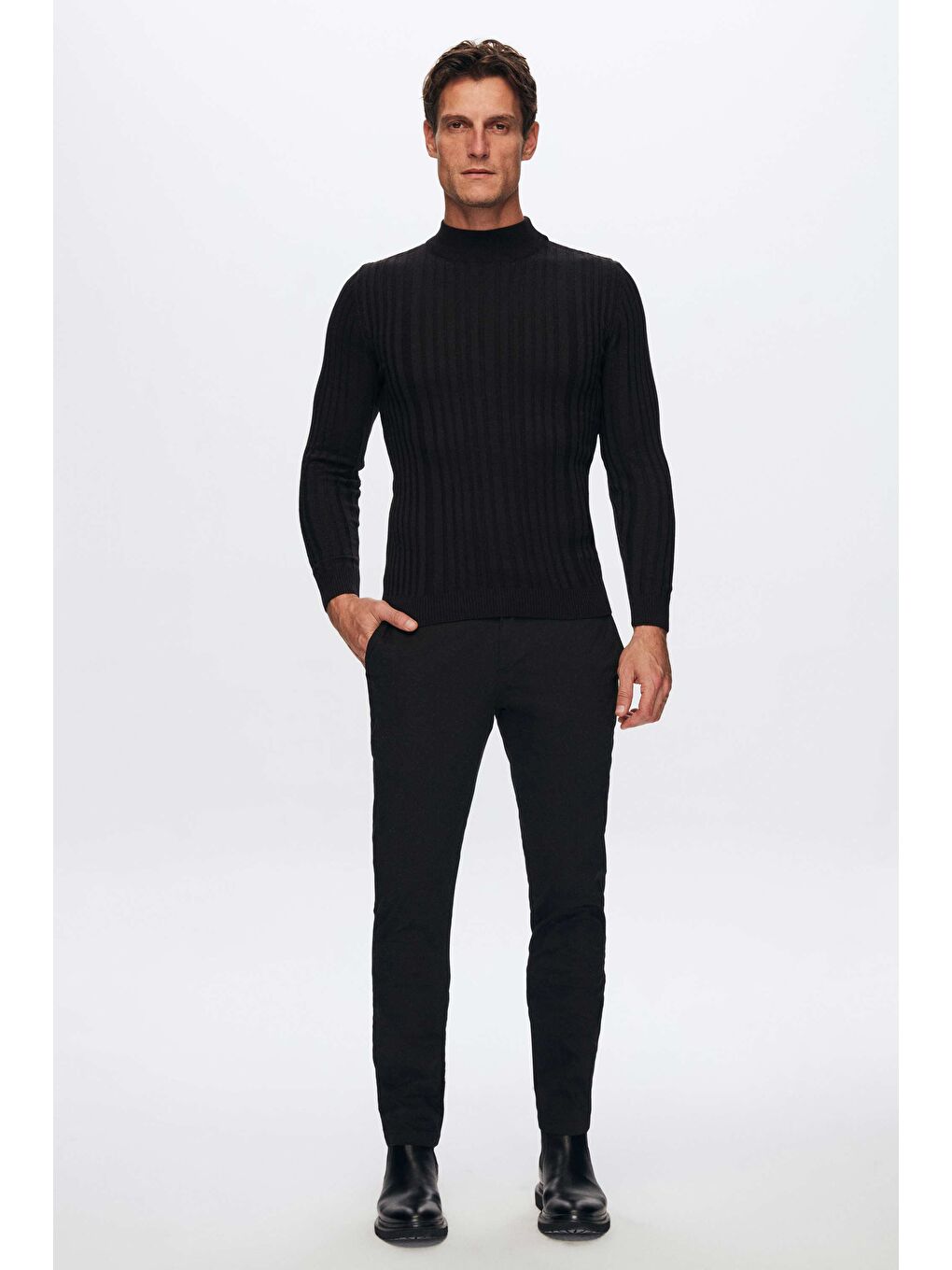 Slim Fit Siyah Fitilli Fitilli Pamuk Yarım Balıkçı Triko Kazak-3