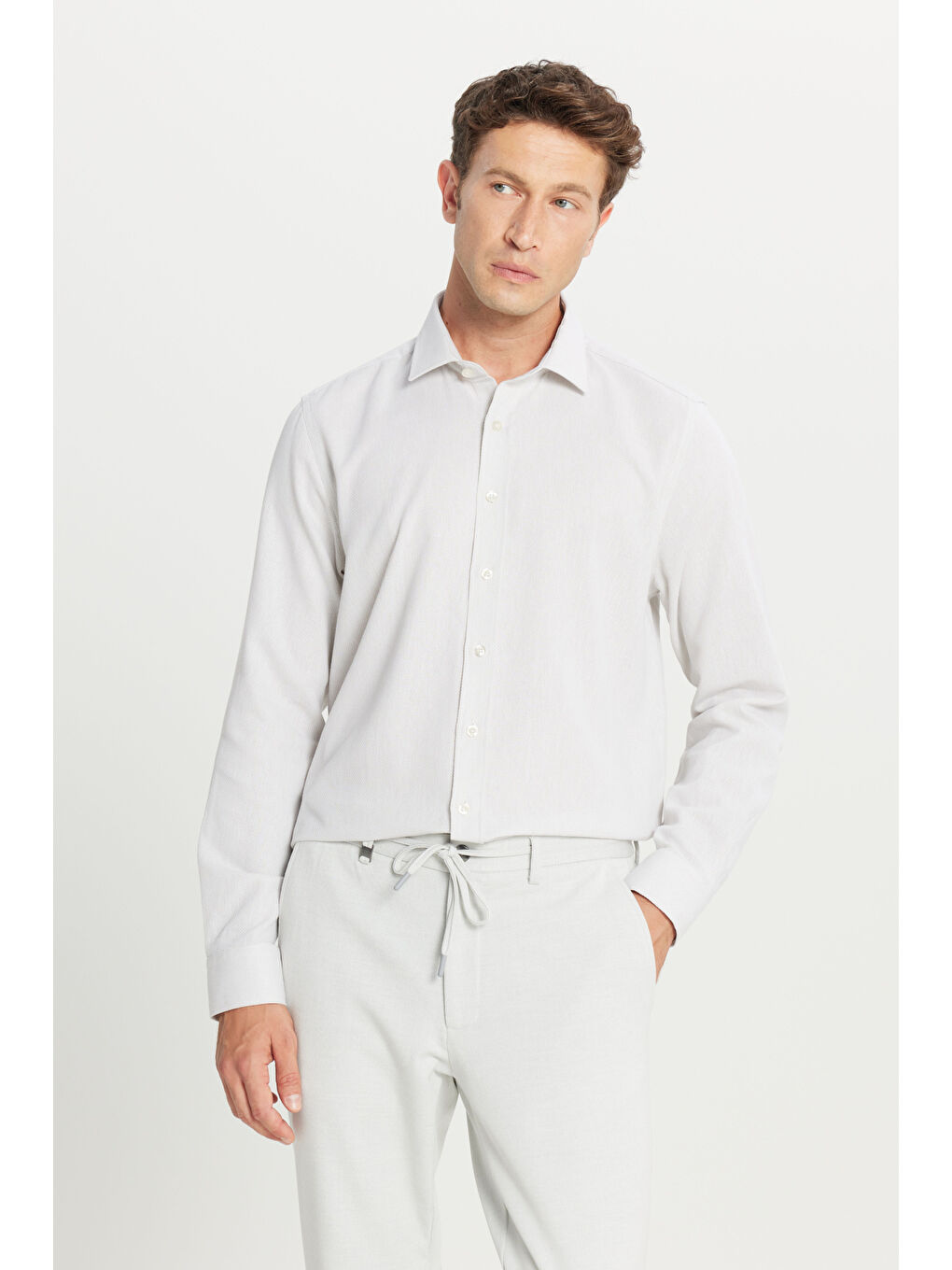 Bej Erkek Taş %100 Pamuk Tailored Slim Fit Dar Kesim Klasik Yaka Armürlü Gömlek