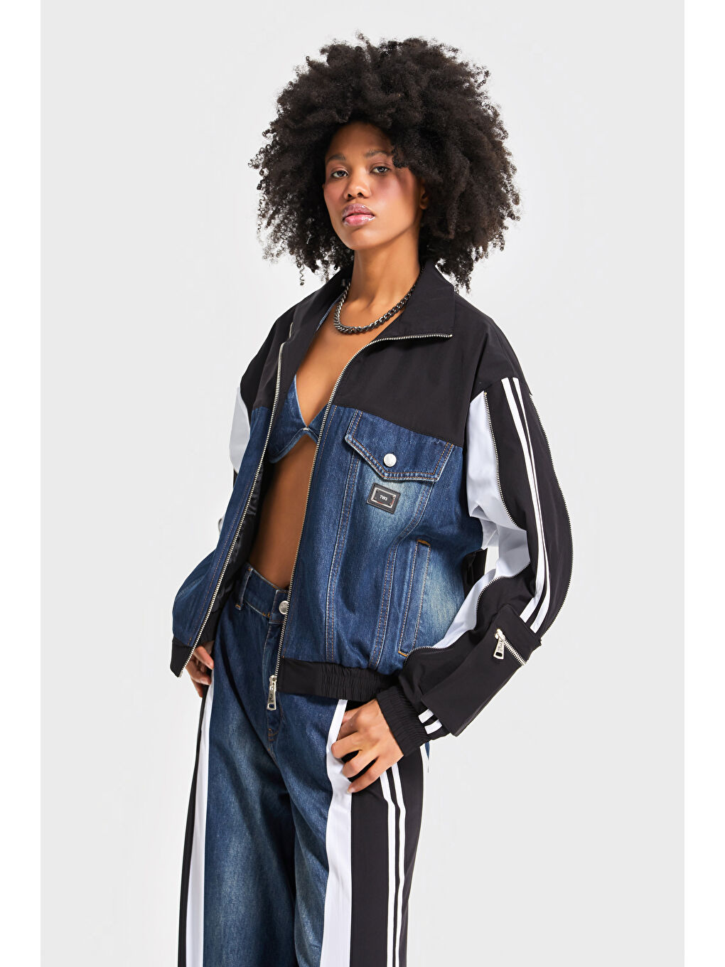 Mavi Kadın Parçalı Kumaş Özel Tasarım Bol Kesim Denim Ceket-3