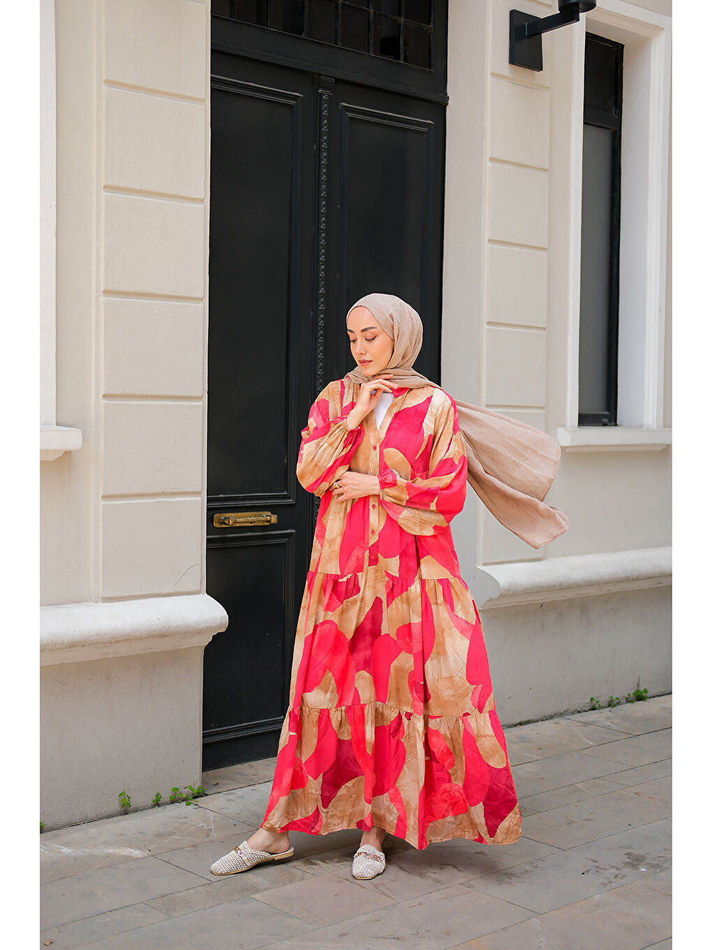 Kadın Şekil Desen Elbise Kırmızı-1