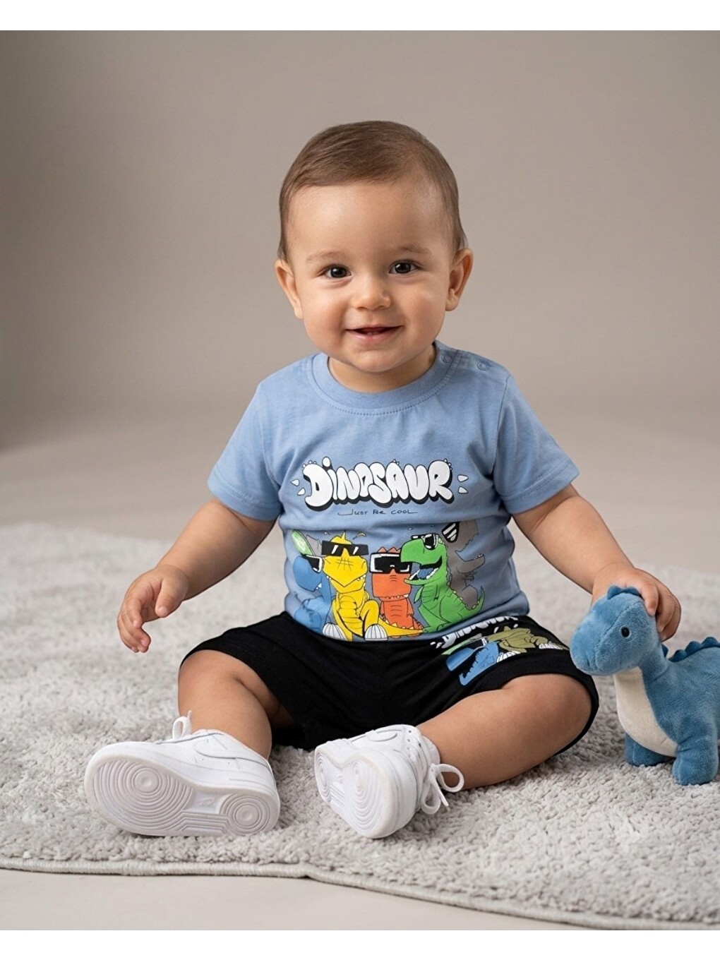 Mavi Erkek Bebek Yazlık Dinozor Baskılı T-shirt Şort 2'li Takım-1