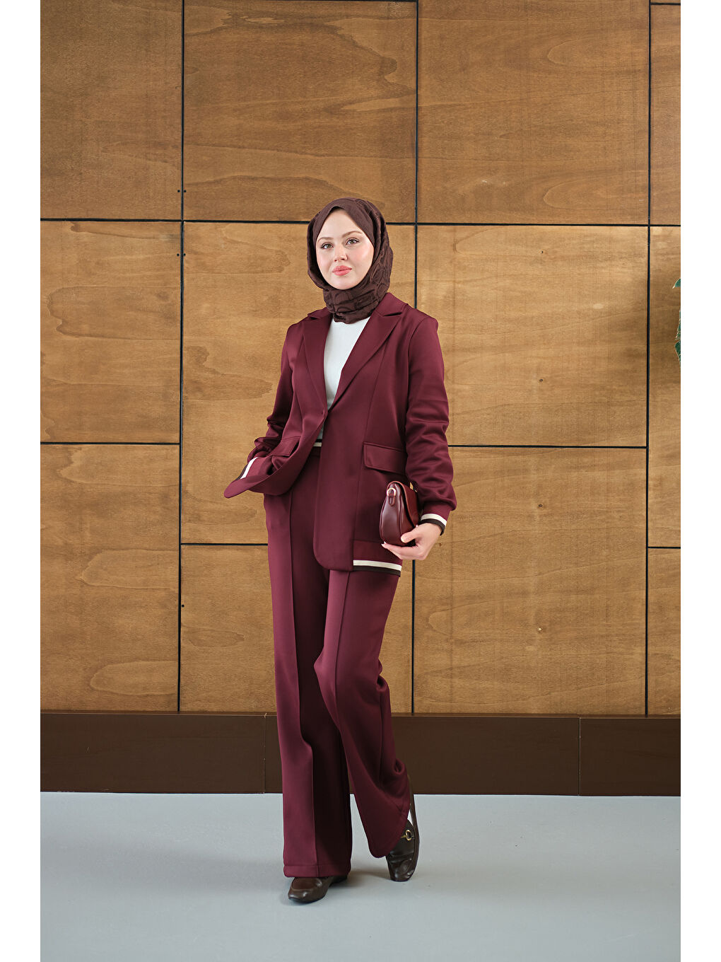 Kadın Çizgi Ribanalı Blazer Ceketli Takım Bordo-1