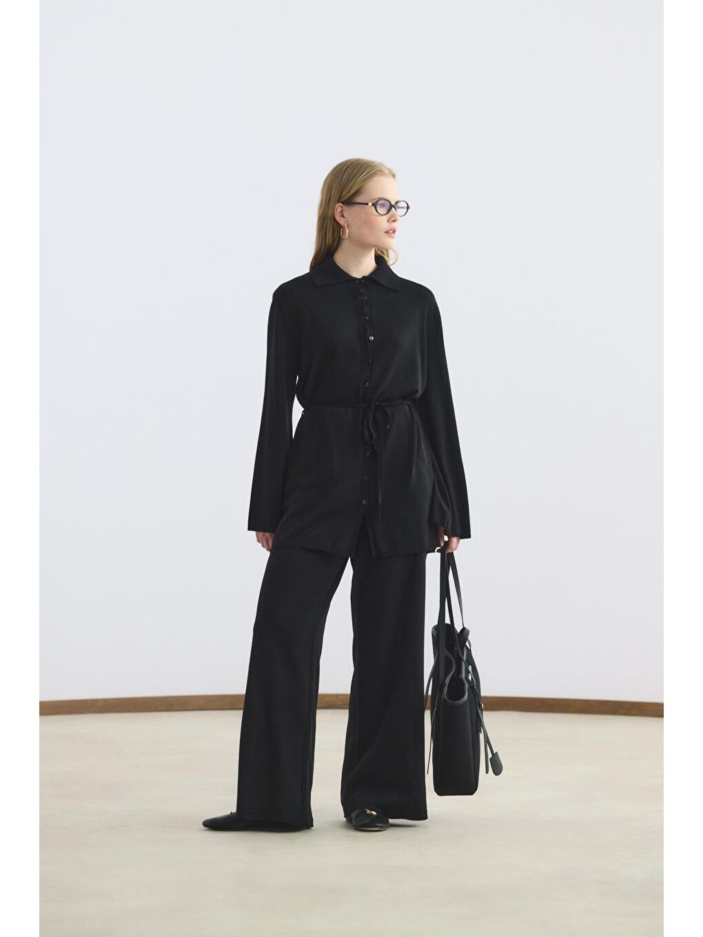 Polo Yaka İnce Triko Tunik Pantolon Takım Siyah-3