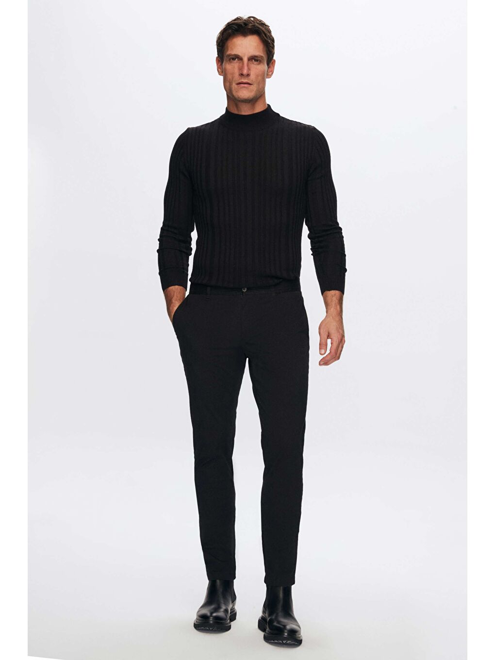 Slim Fit Siyah Fitilli Fitilli Pamuk Yarım Balıkçı Triko Kazak-5