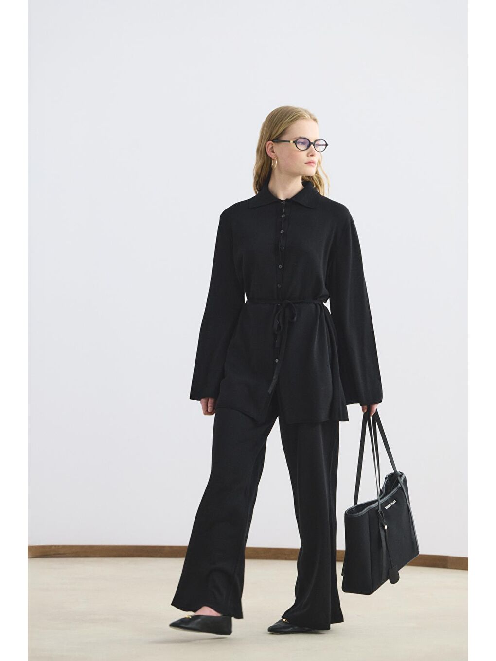 Polo Yaka İnce Triko Tunik Pantolon Takım Siyah-4