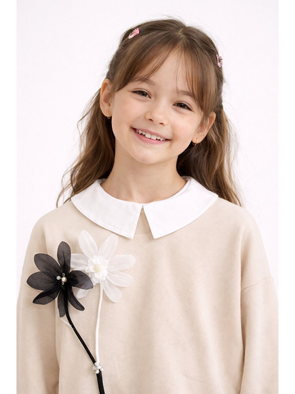 Ekru Krem Çiçek Detaylı Badili Gömlekli Kız Çocuk 3lü Alt Üst Takım 23531-1