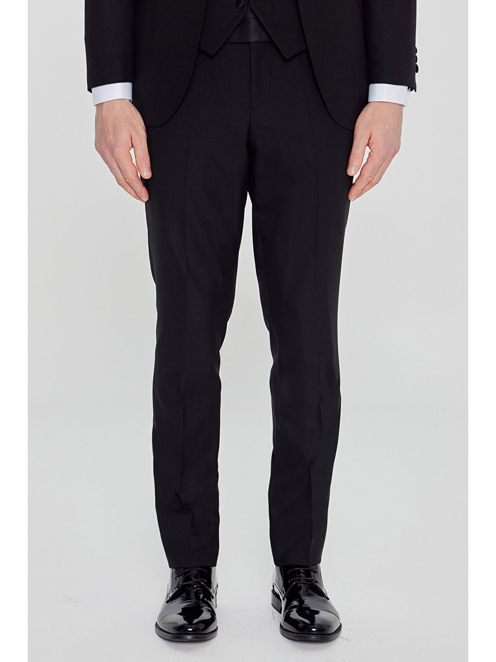 Erkek Siyah Yünlü Slim Fit Dar Kesim Çıkma Şal Yaka Beli Gizli Lastikli Kapak Cepli Yelekli Smokin-4