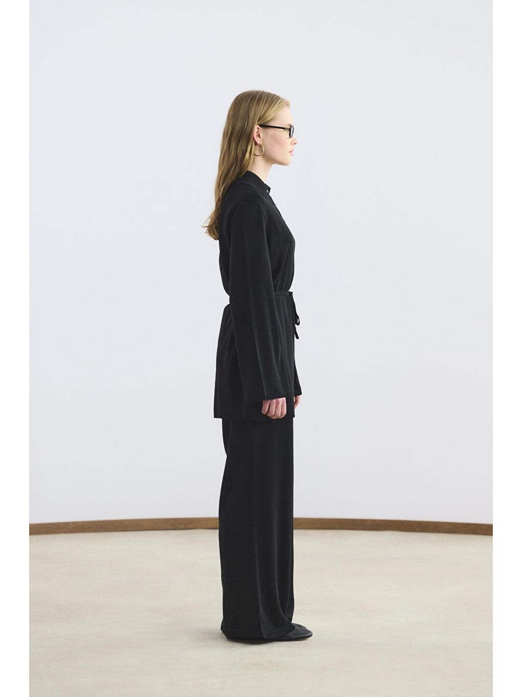 Polo Yaka İnce Triko Tunik Pantolon Takım Siyah-5