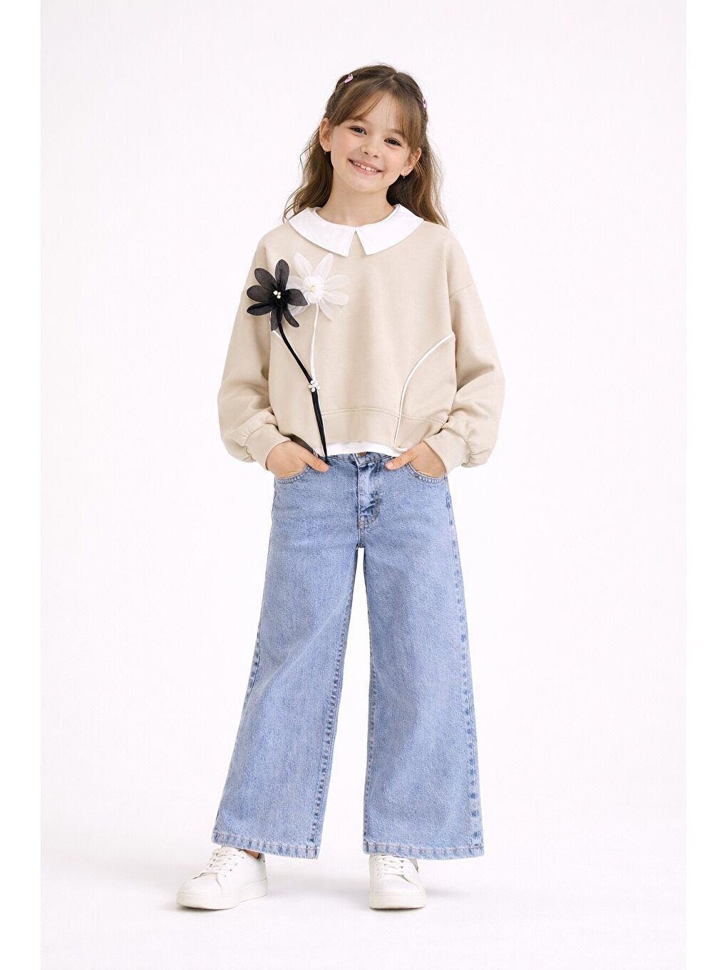 Ekru Krem Çiçek Detaylı Badili Gömlekli Kız Çocuk 3lü Alt Üst Takım 23531-2