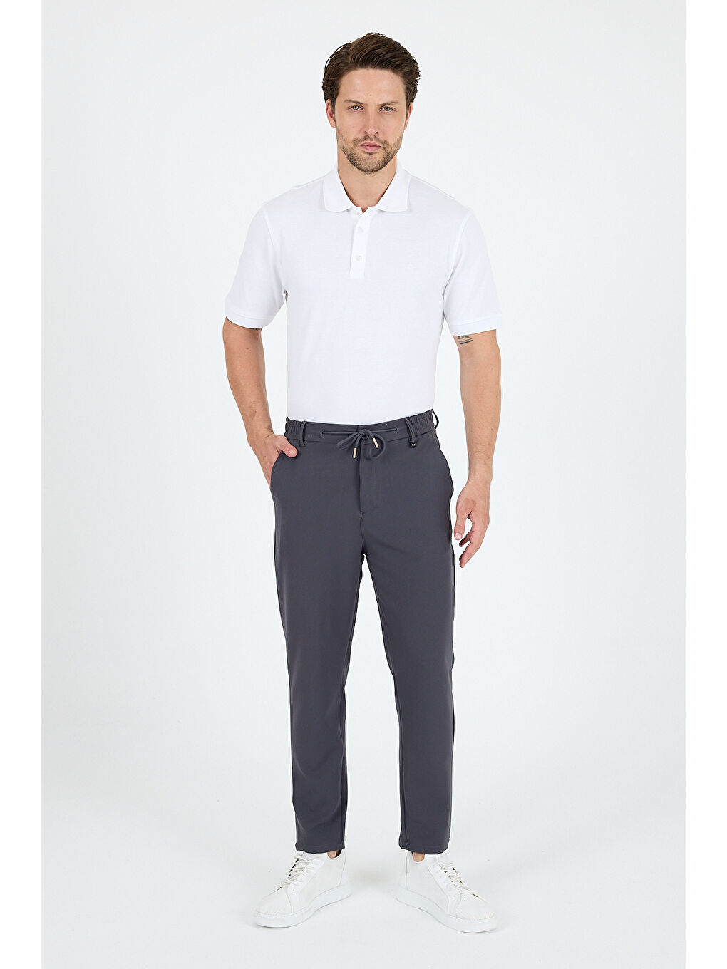 Gri Erkek Duble Kumaş Düz Paça Rahat Kalıp, Cepli, Günlük ve Spor Eşofman Altı Jogger Pantolon-3667